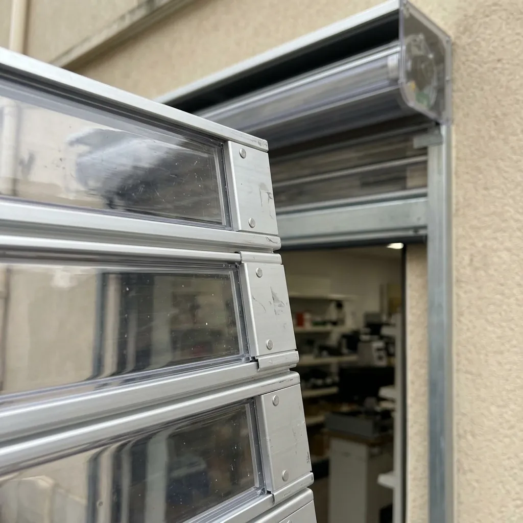 Rideau métallique polycarbonate transparent : gros plan des lames polycarbonate transparentes