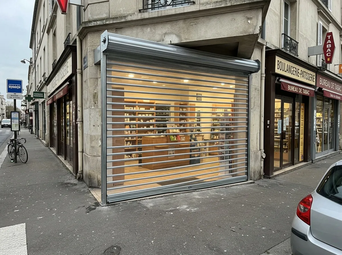 Rideau métallique polycarbonate transparent sur un local commercial en rez-de-chaussée