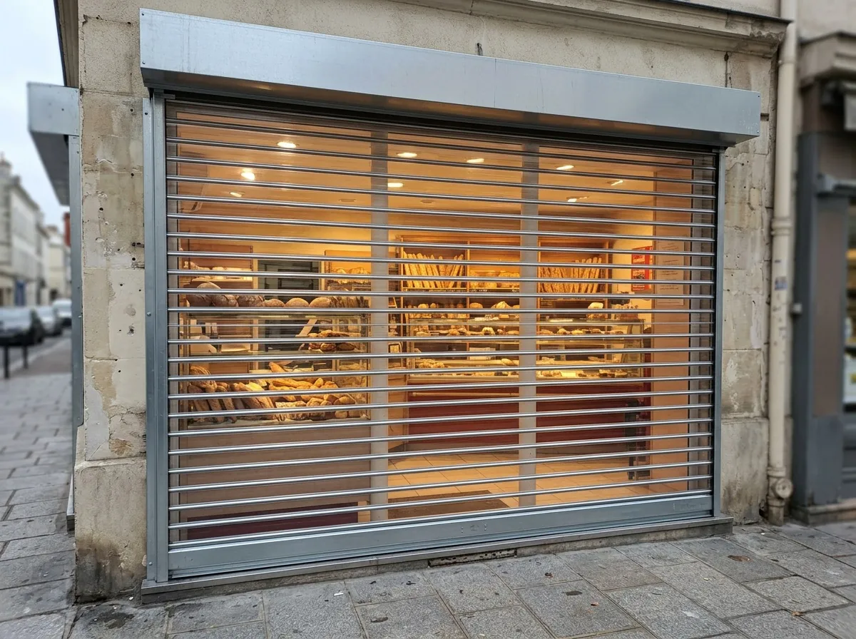 Rideau métallique polycarbonate transparent sur une boulangerie de quartier