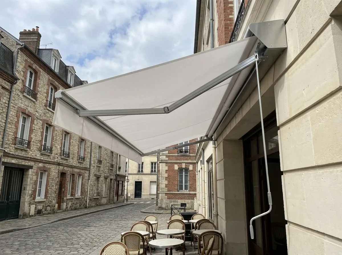 Store banne coffre manuel au-dessus d'une terrasse de café