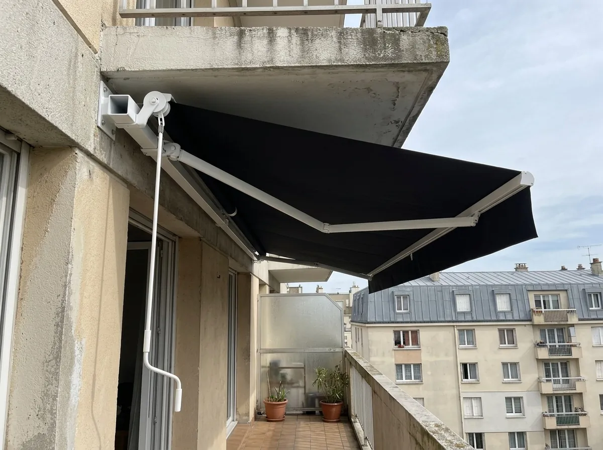 Store banne monobloc manuel au-dessus d'un balcon d'appartement