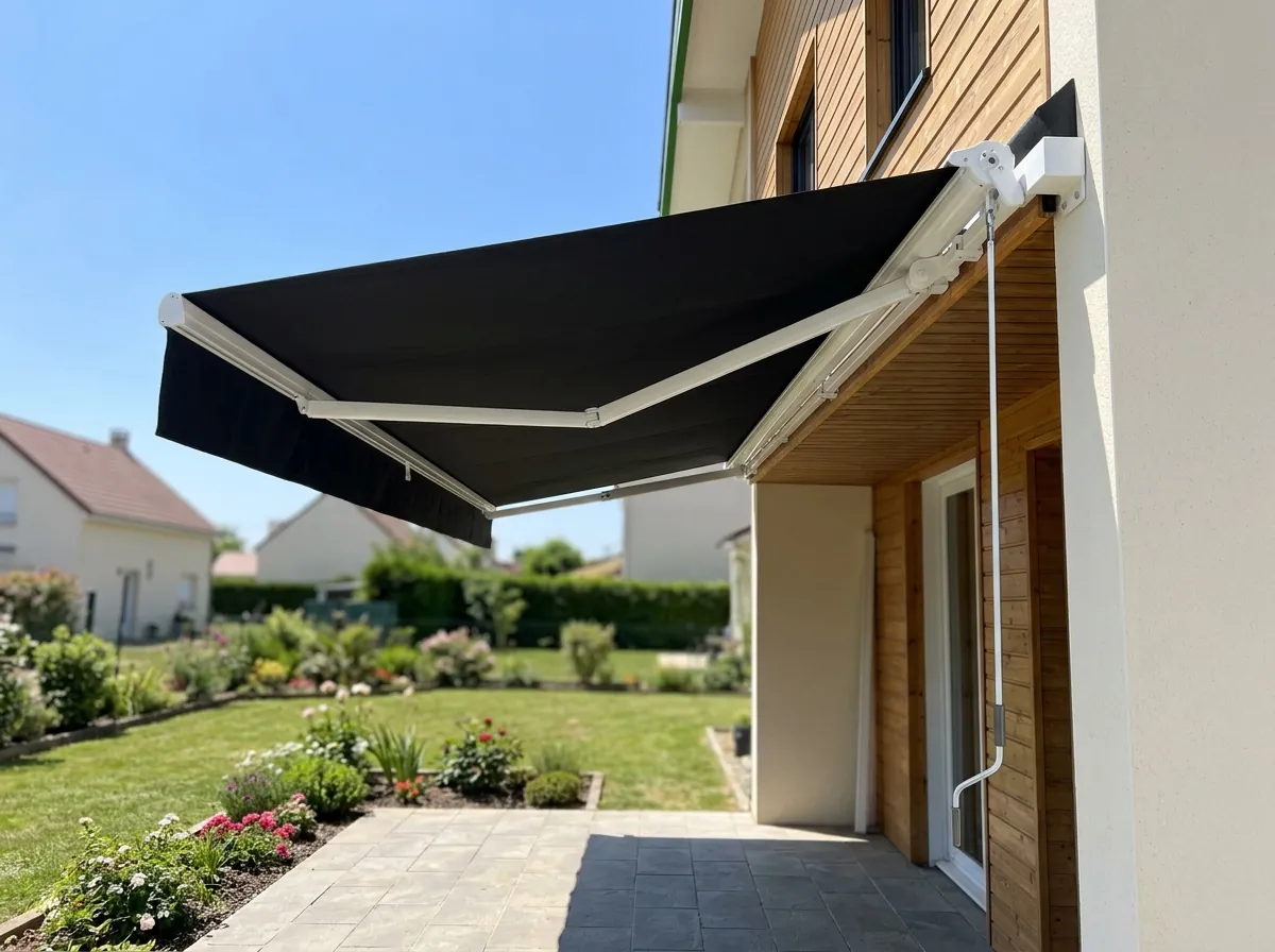 Store banne monobloc manuel au-dessus de la terrasse d'un pavillon