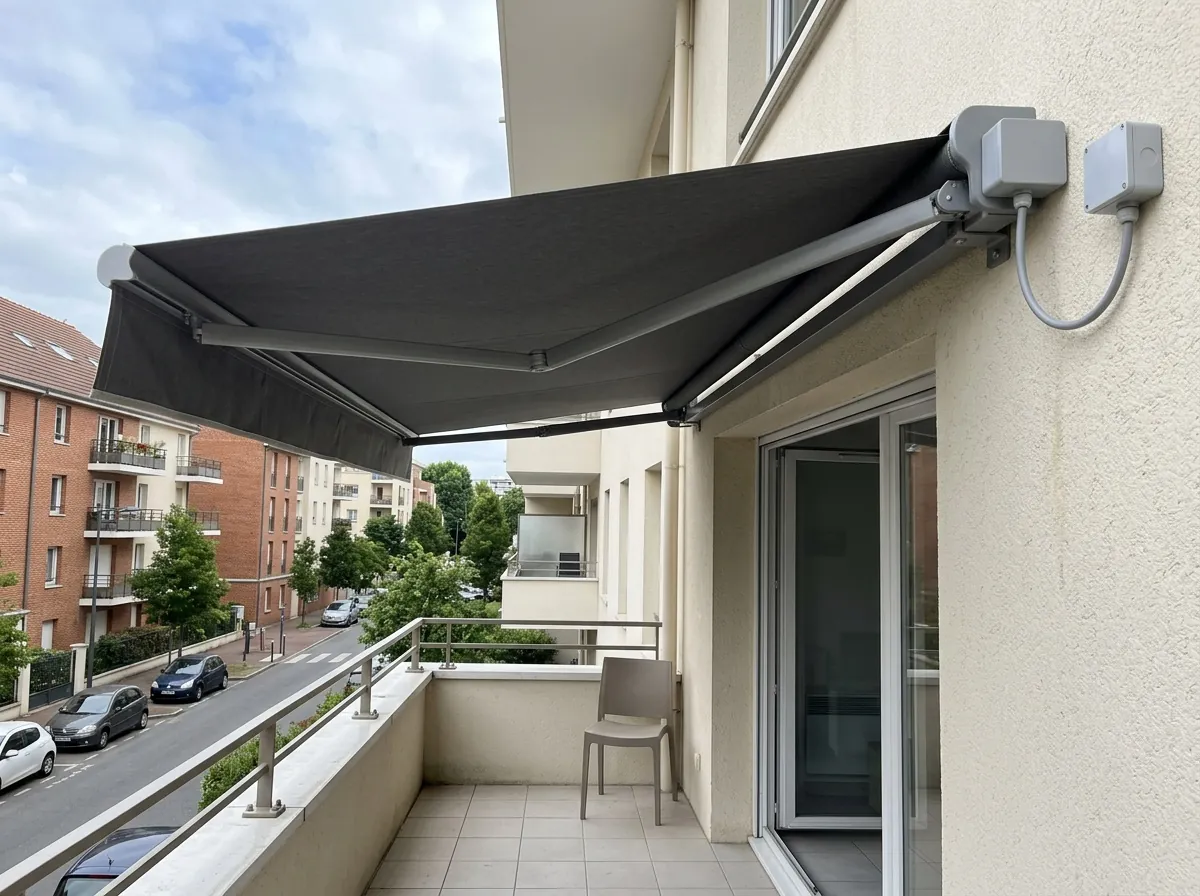 Store banne monobloc motorisé au-dessus d'un balcon d'appartement