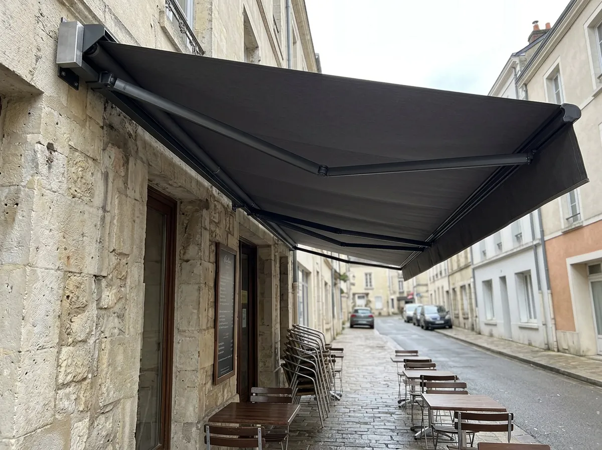 Store banne monobloc motorisé au-dessus d'une terrasse de café