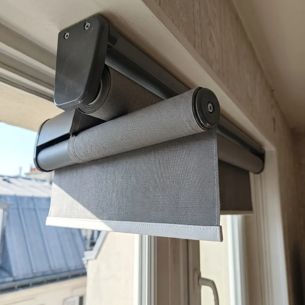 Store banne monobloc motorisé : gros plan du tube d'enroulement et de la barre support