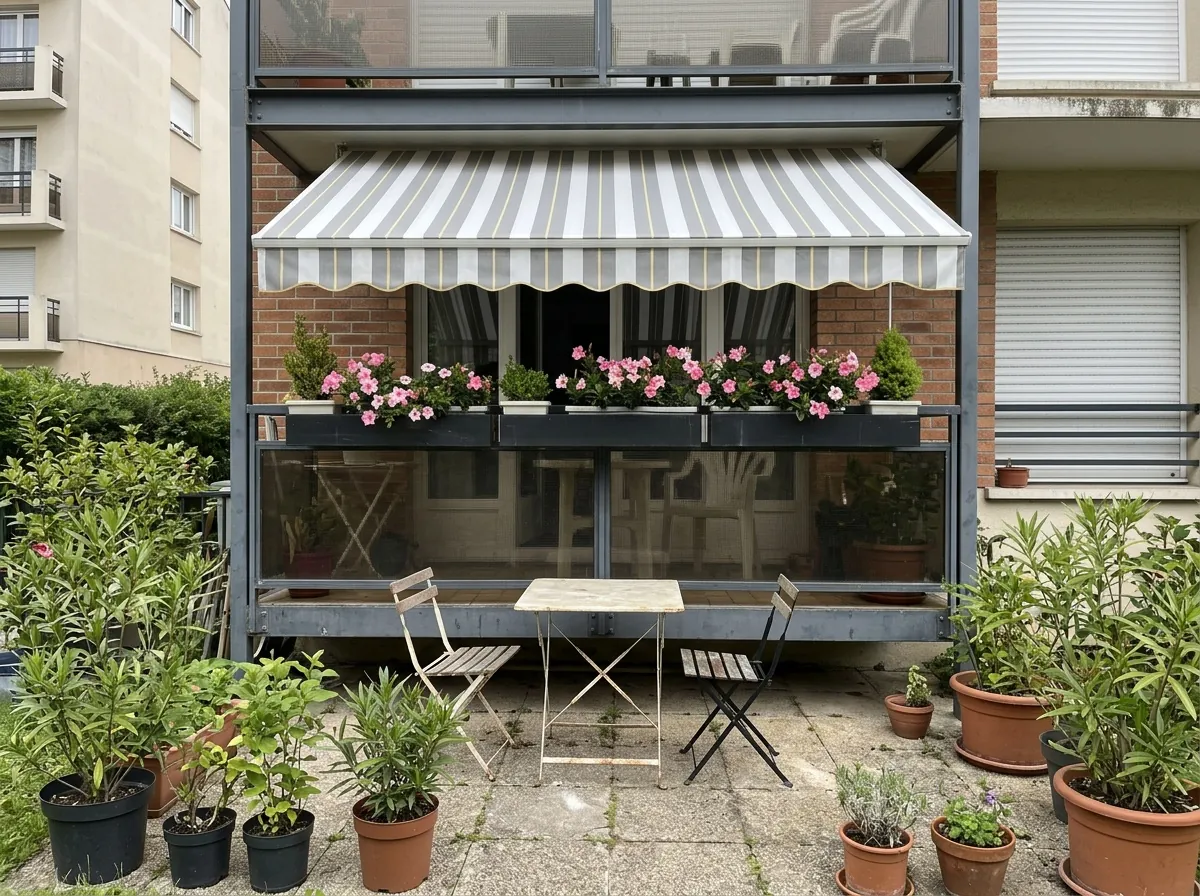 Store banne pour balcon au-dessus d'un rez-de-jardin