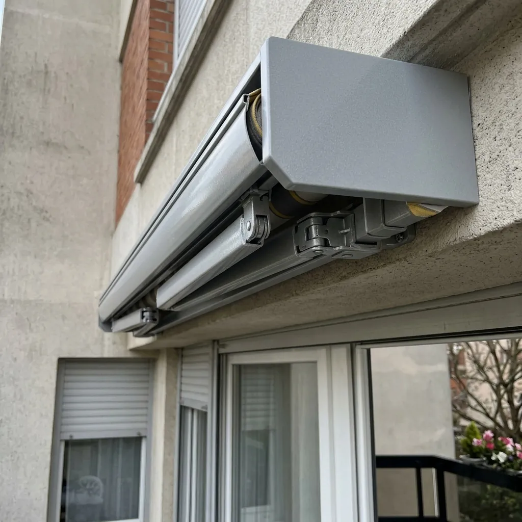 Store banne pour balcon : gros plan des bras repliés sous le store