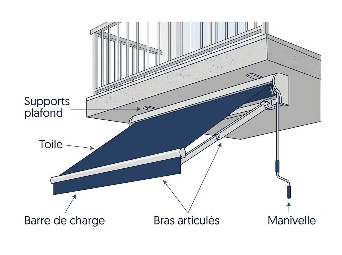 Schéma d’un store banne de balcon avec support, bras, toile et avancée