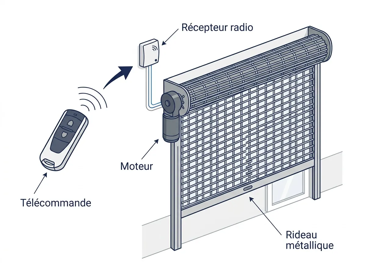 Schéma d’un rideau métallique avec télécommande, récepteur, moteur et tablier étiquetés