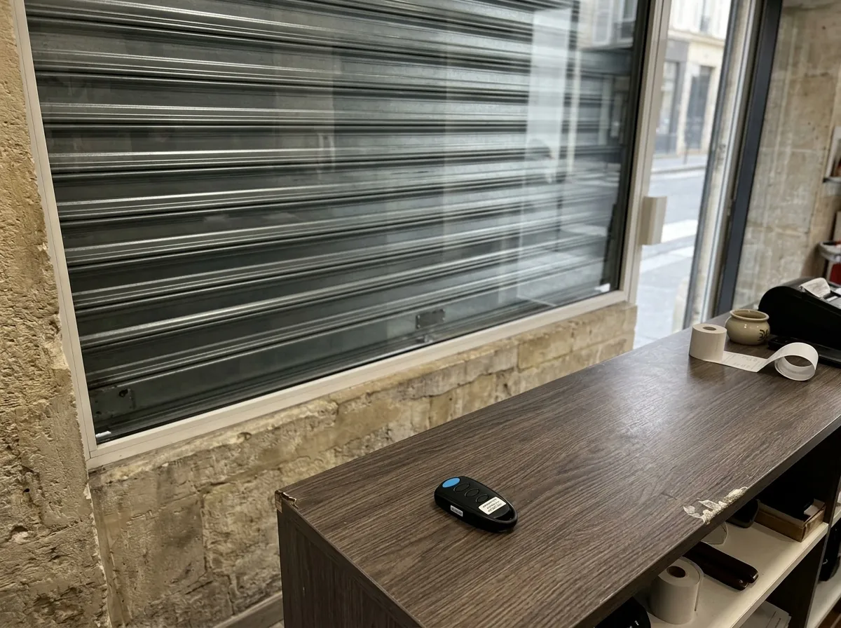 Télécommande pour rideau métallique sur une devanture de boutique parisienne