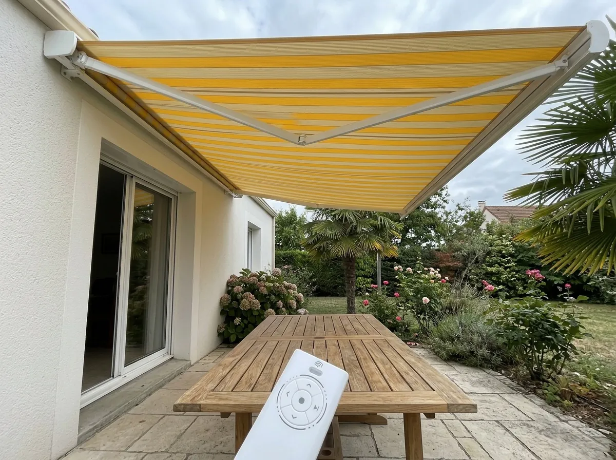 Télécommande et application pour store banne au-dessus d'un rez-de-jardin