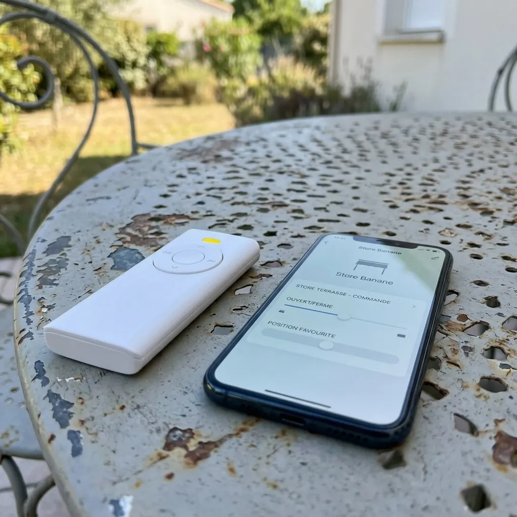 Télécommande et application pour store banne : gros plan de la télécommande et de l'application