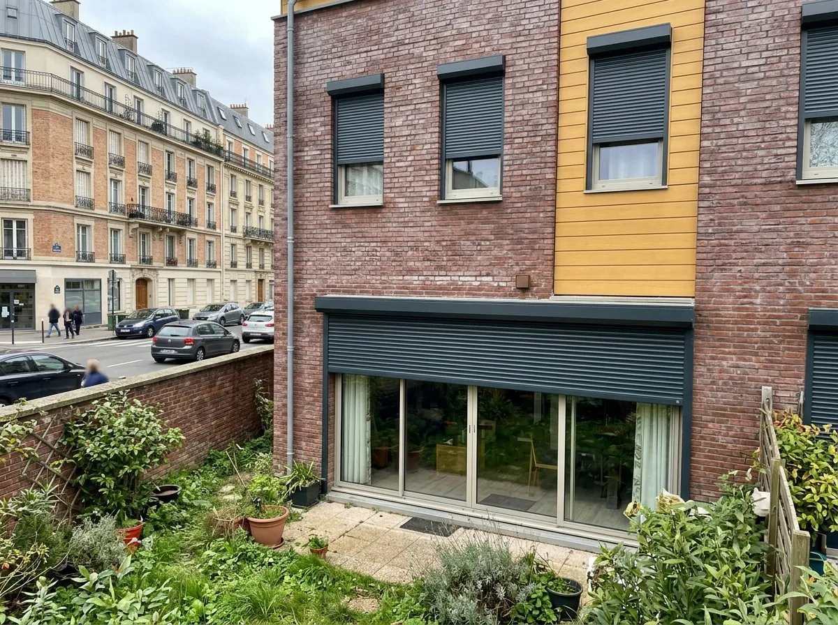 Volet roulant à coffre isolation phonique sur une baie vitrée donnant sur un jardin
