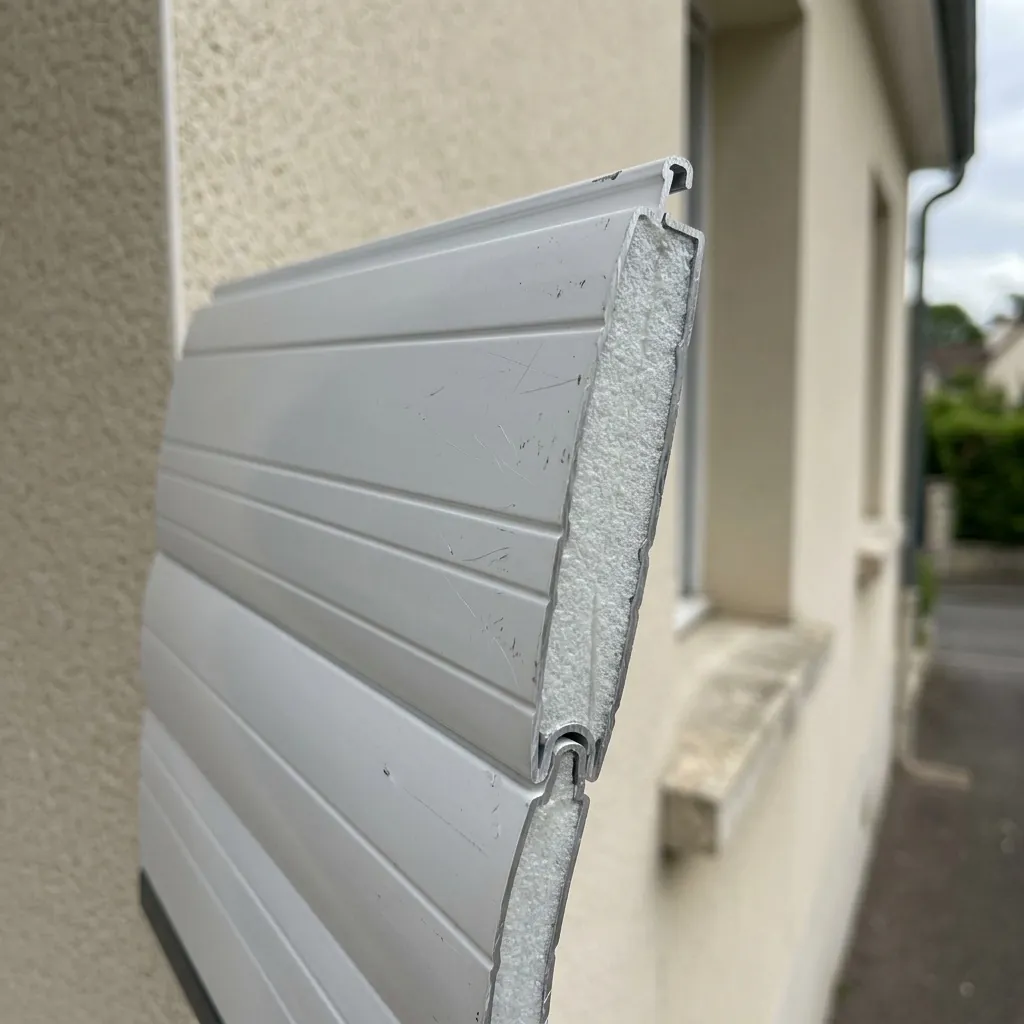 Volet roulant à tablier isolant thermique : gros plan des lames isolées du tablier