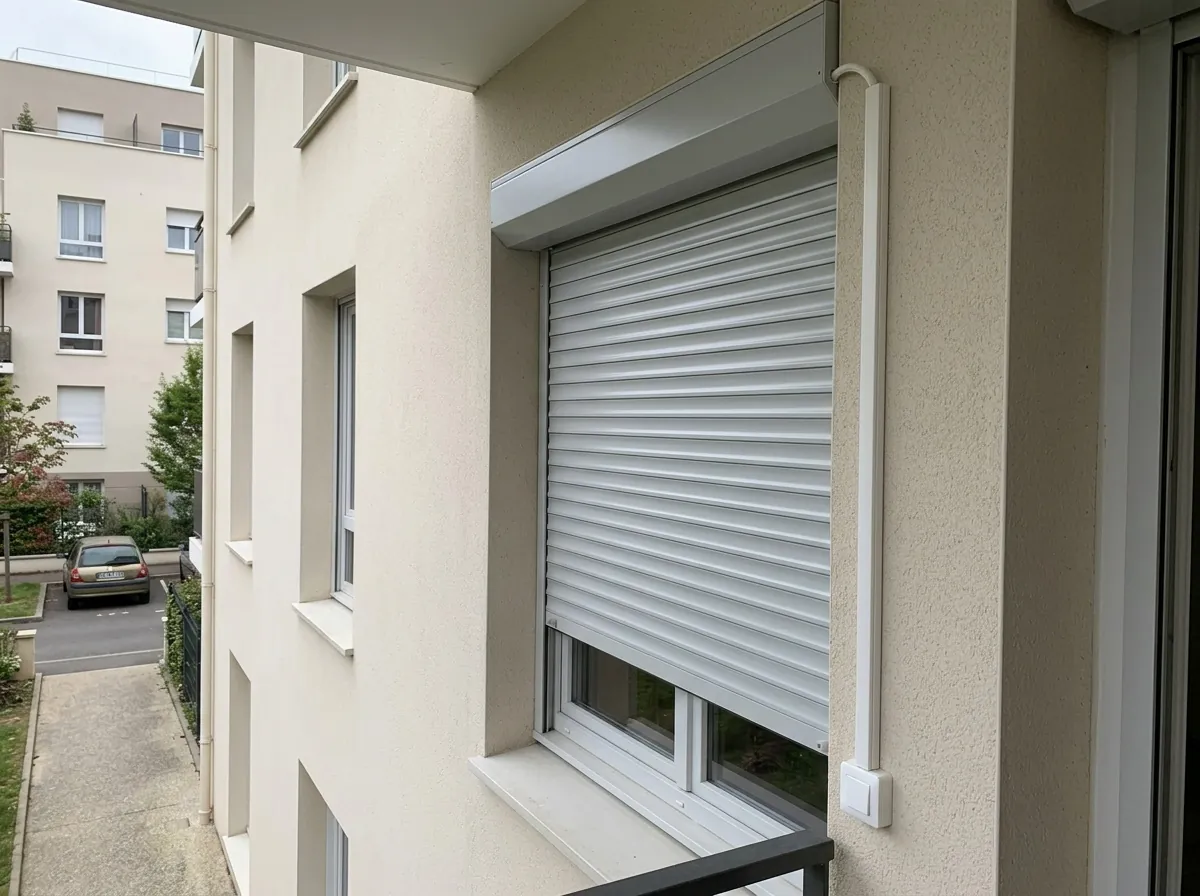 Volet roulant à motorisation filaire sur un immeuble à l'enduit clair