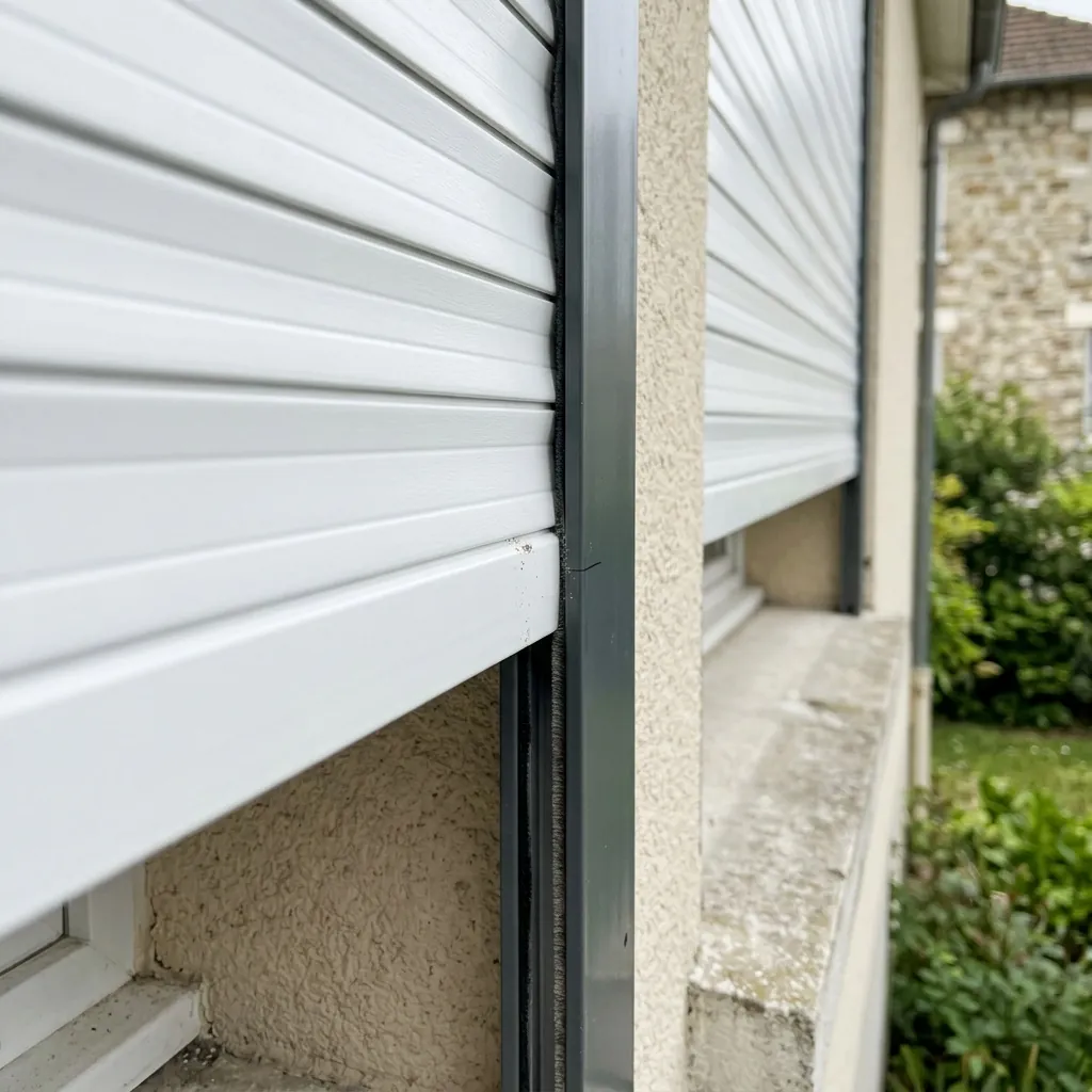 Volet roulant PVC électrique : gros plan des lames PVC et de la coulisse