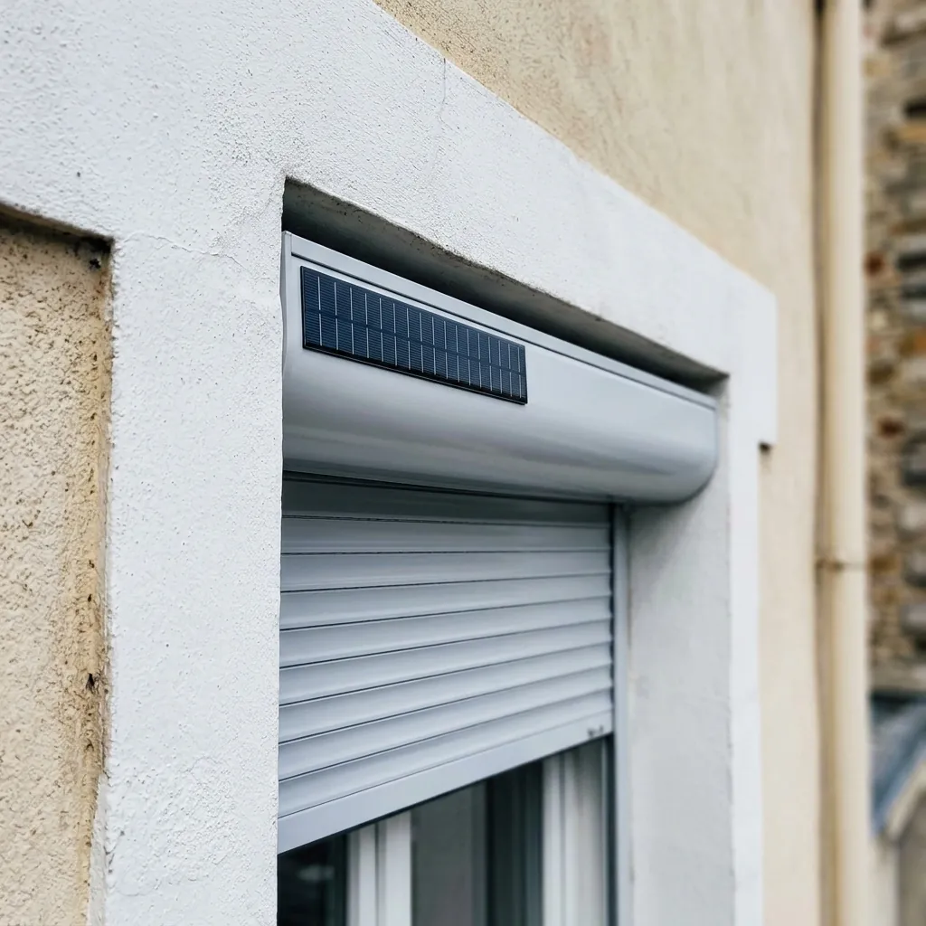 Volet roulant PVC solaire : gros plan du panneau solaire fixé sur le coffre