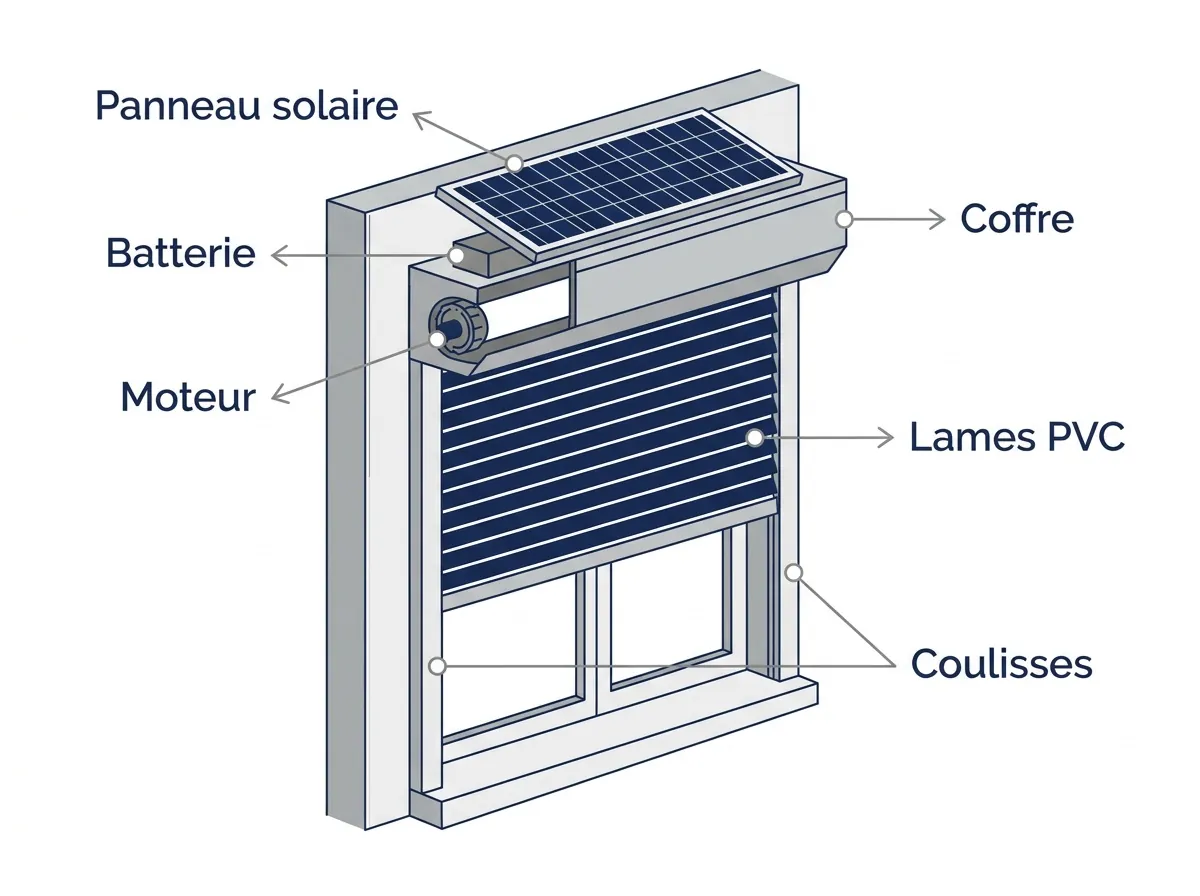 Schéma d'un volet roulant PVC solaire avec tablier, coulisses, axe et commande