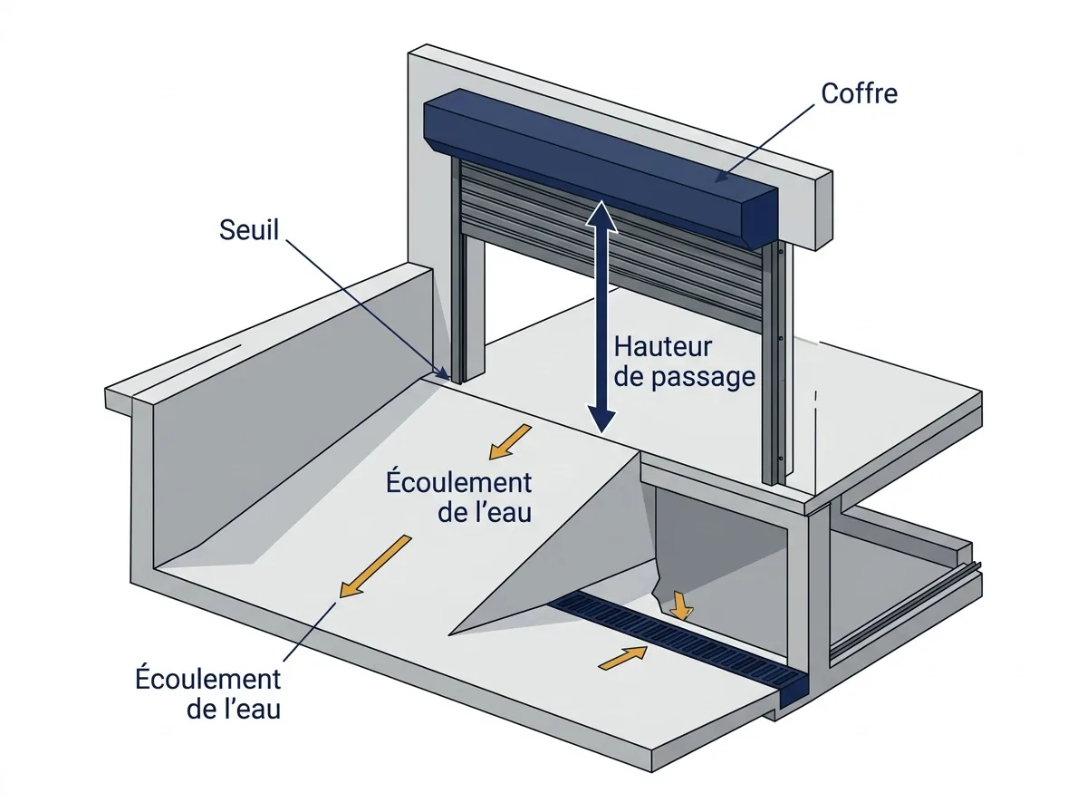 Accès de garage à Servon : coupe du seuil, de l’écoulement de l’eau et de la hauteur de passage