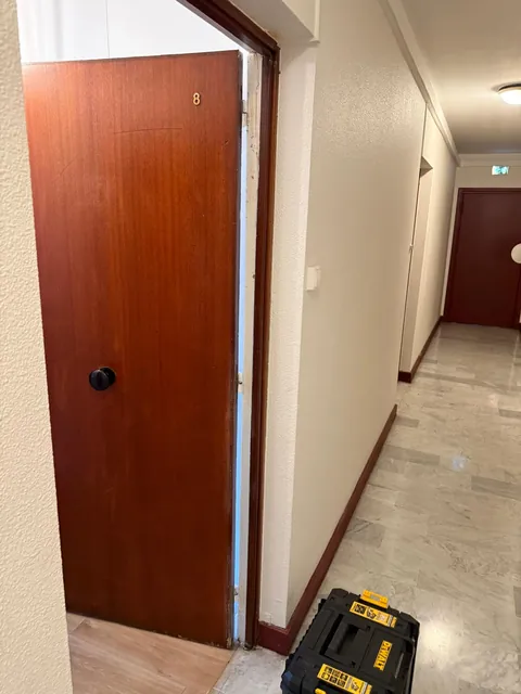 Ancienne porte palière en bois dans un couloir d'immeuble, avant blindage
