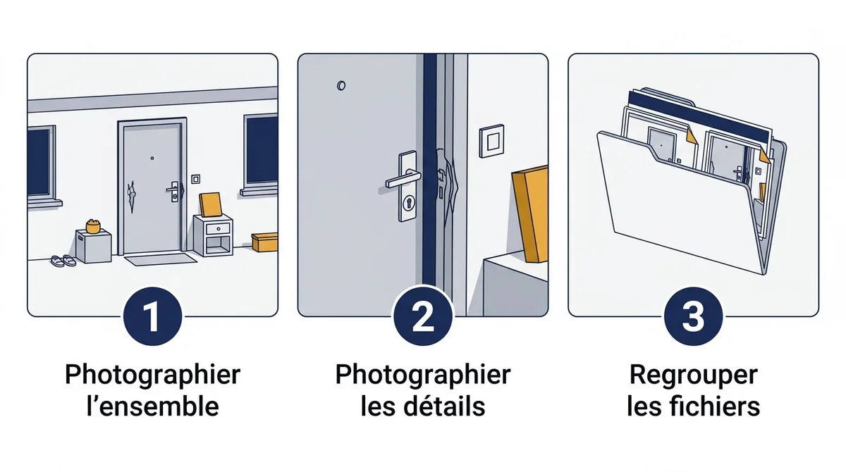 Après un cambriolage : photos d’ensemble et de détail d’une porte blindée, puis classement des fichiers.