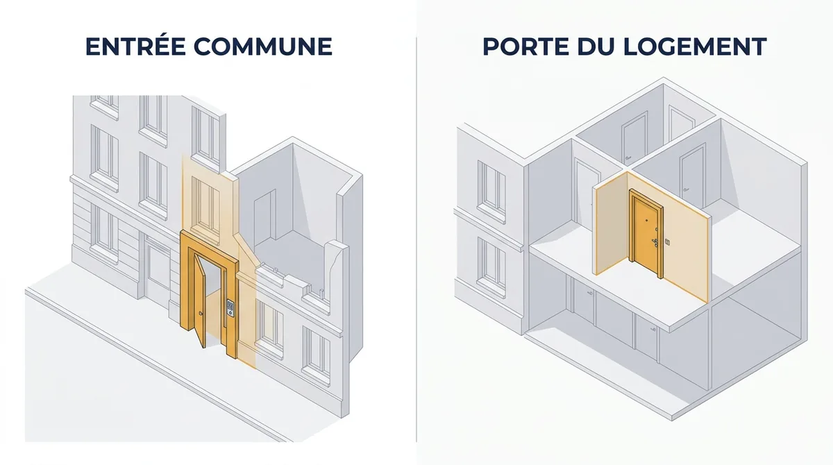 Assurance habitation et porte blindée : comparaison de l’entrée commune et de la porte privative.