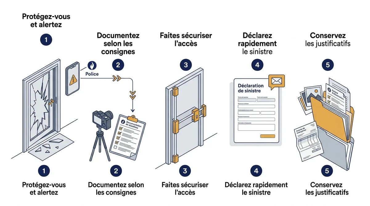 Assurance habitation : étapes après effraction sur une porte blindée, de l’alerte aux justificatifs.