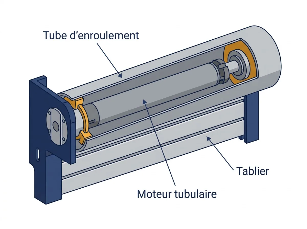 Axe motorisé à Bondoufle : coupe du tube d’enroulement et du moteur tubulaire