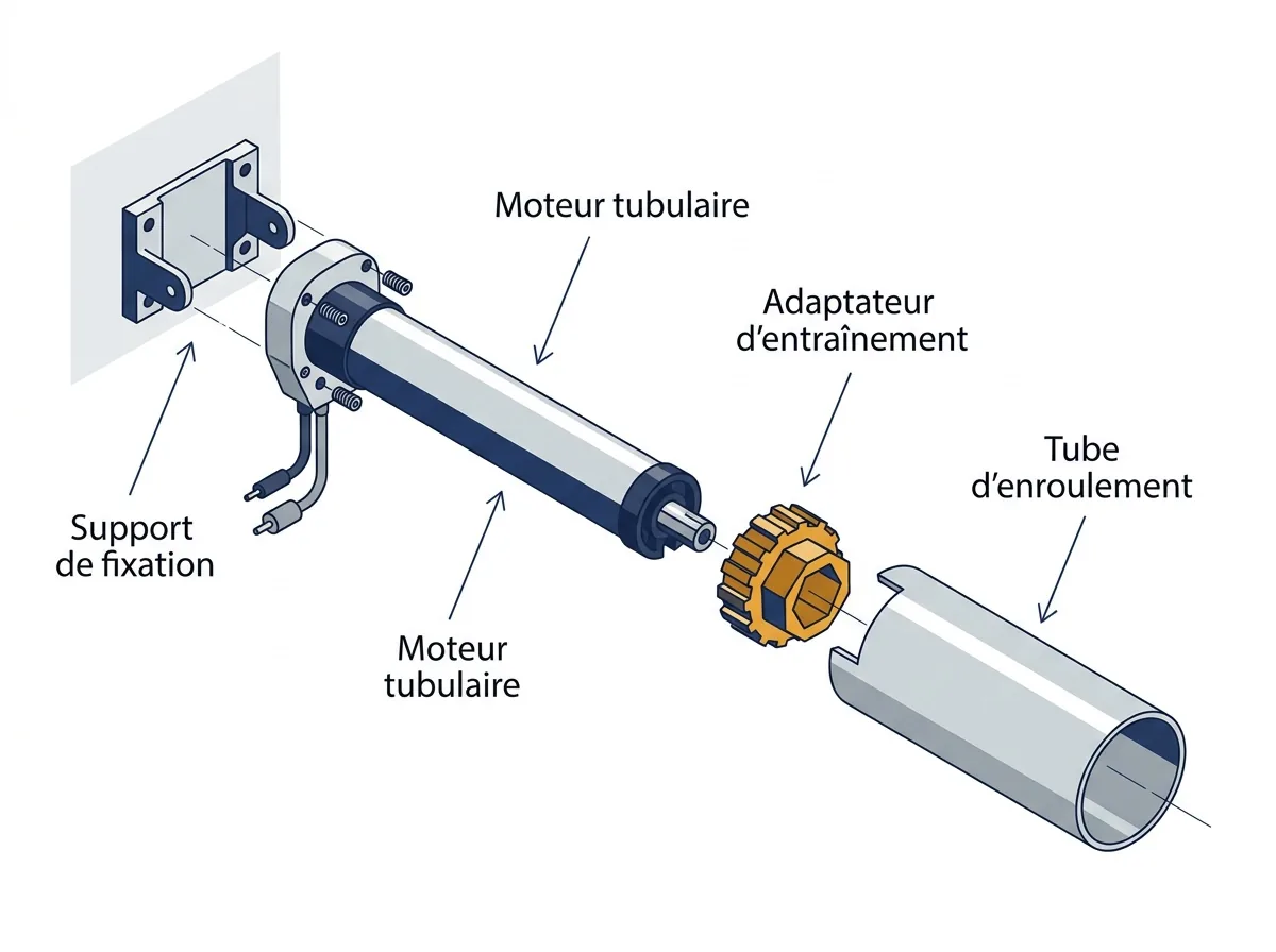 Axe motorisé à Bondy : vue éclatée du moteur tubulaire, du tube et du support de fixation