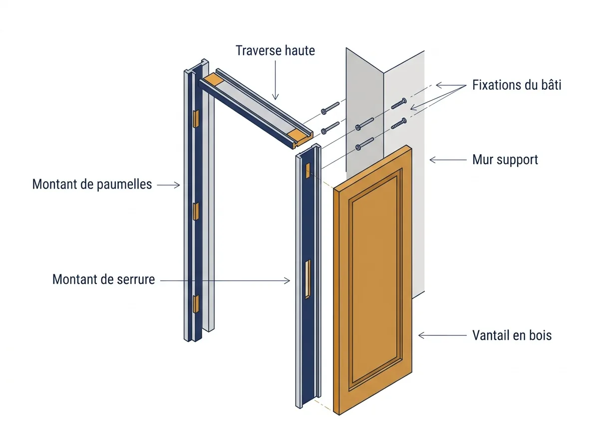 Bâti de porte à Paris 12e : vue éclatée des montants, de la traverse et des fixations au mur