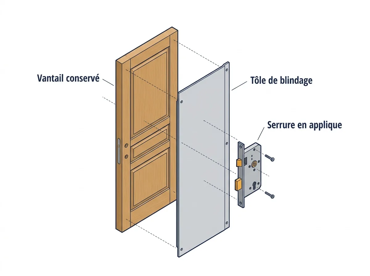 Blindage de porte à Arpajon : vue éclatée du vantail conservé, de la tôle et de la serrure.