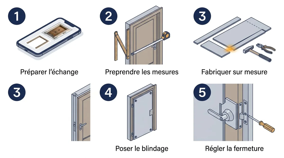 Blindage de porte à Taverny : préparation, mesures, fabrication, pose et réglages en cinq étapes