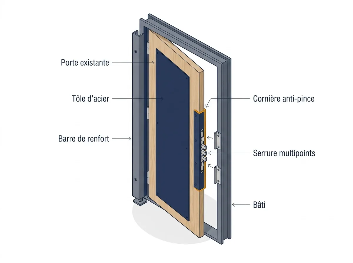 Blindage sur pivot à Marcoussis : tôle d’acier, barre de renfort, cornière anti-pince et serrure multipoints