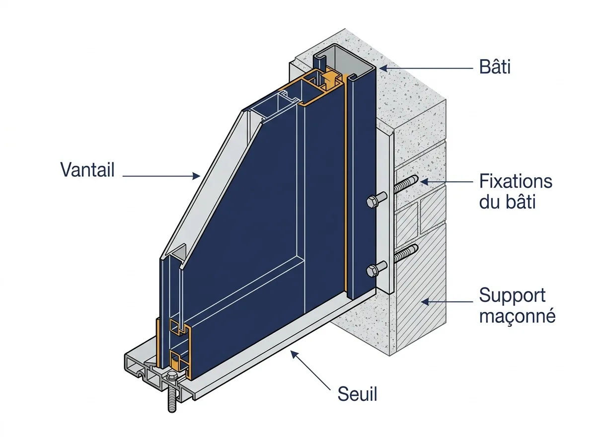 Bloc-porte à Le Mesnil-Saint-Denis : coupe du bâti, des fixations et du seuil