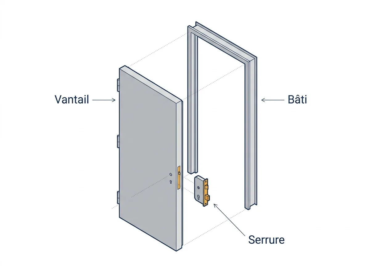 Bloc-porte à Taverny : vue éclatée du vantail, du bâti et de la serrure