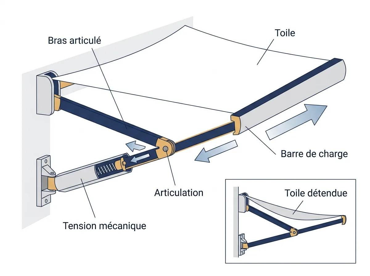 Bras articulé à Chessy : mise en tension de la toile et tension persistante lorsque la toile se détend