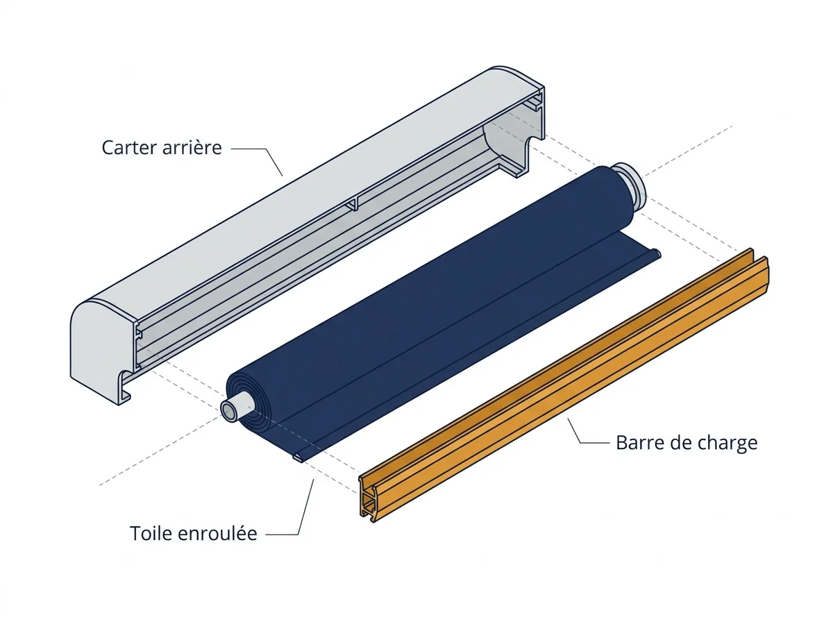 Coffre de store banne à Corbeil-Essonnes : vue éclatée du carter, de la toile et de la barre de charge