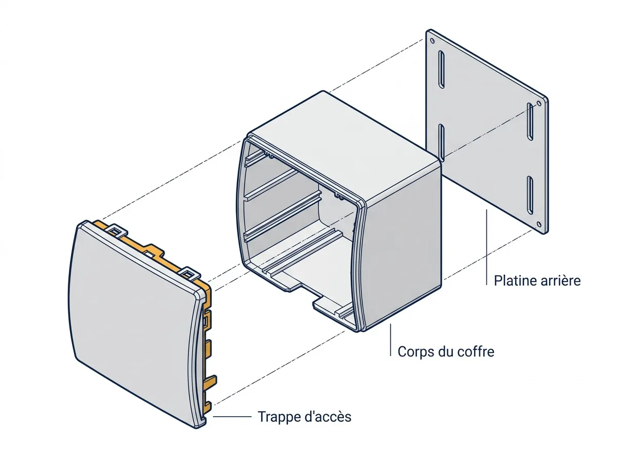 Coffre de volet roulant à Saint-Denis : vue éclatée de la trappe, du corps et de la platine arrière