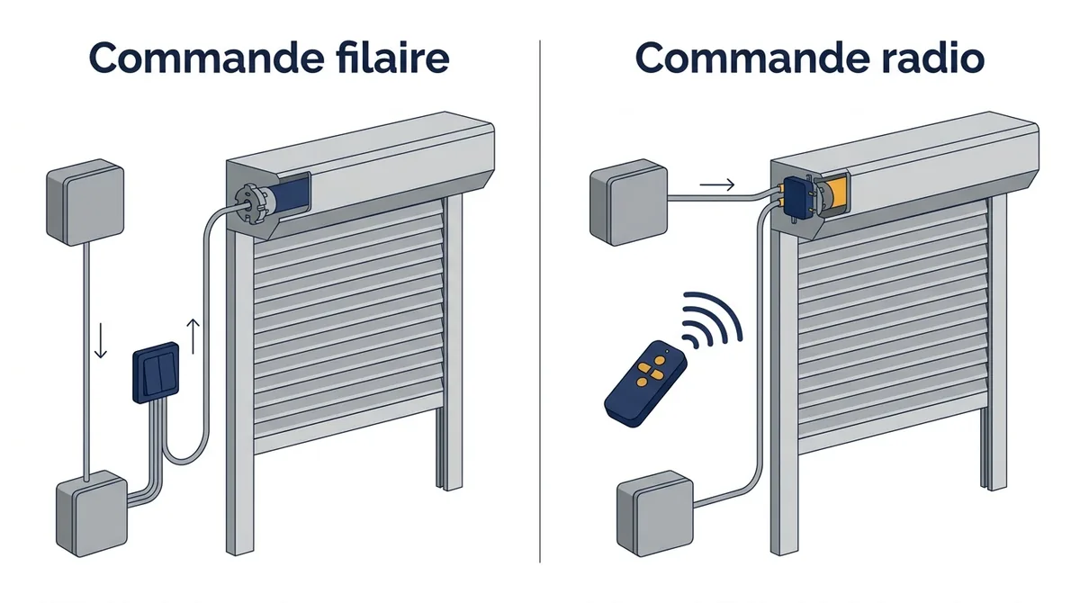 Commandes filaire et radio d’un moteur de volet roulant, avec un câble d’alimentation dans les deux cas.