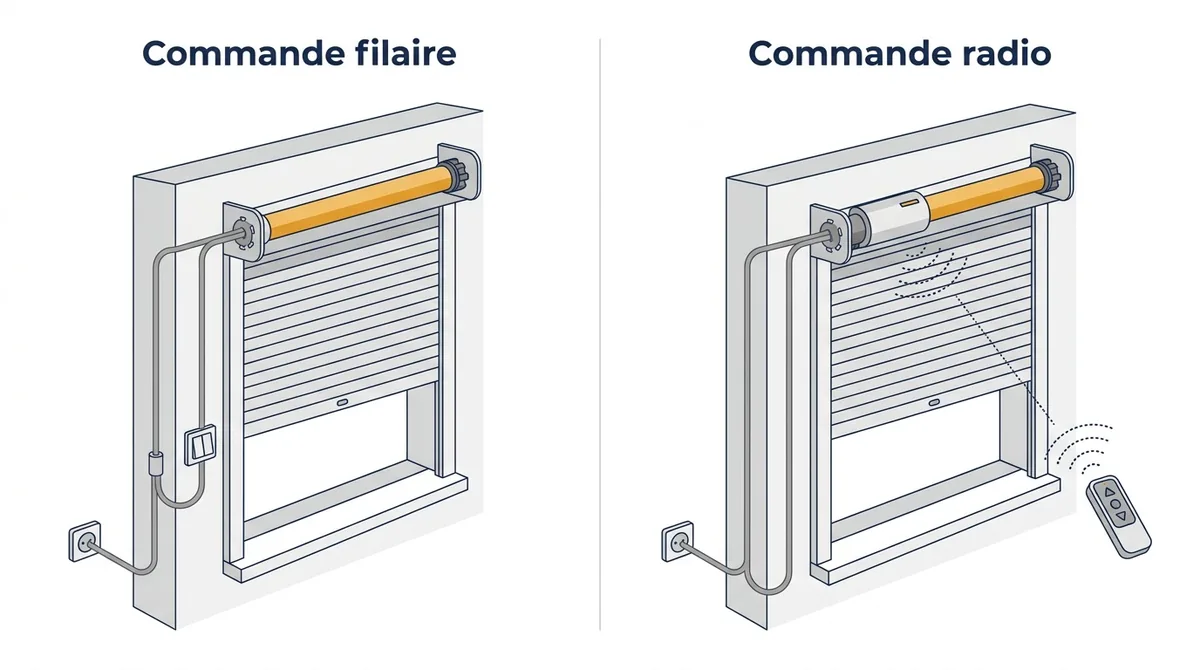 Commandes filaire et radio d’un volet roulant dans les Hauts-de-Seine, avec alimentation secteur.