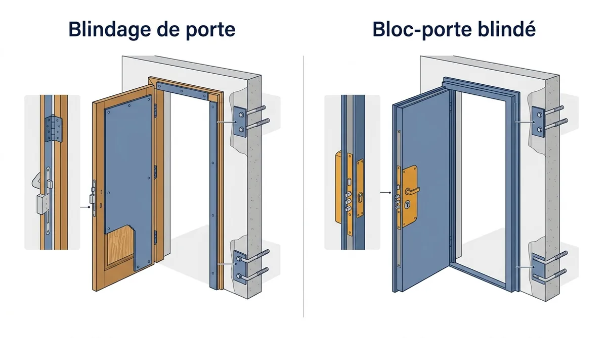 Comparaison du blindage de porte et du bloc-porte blindé : éléments conservés, ajoutés ou remplacés.