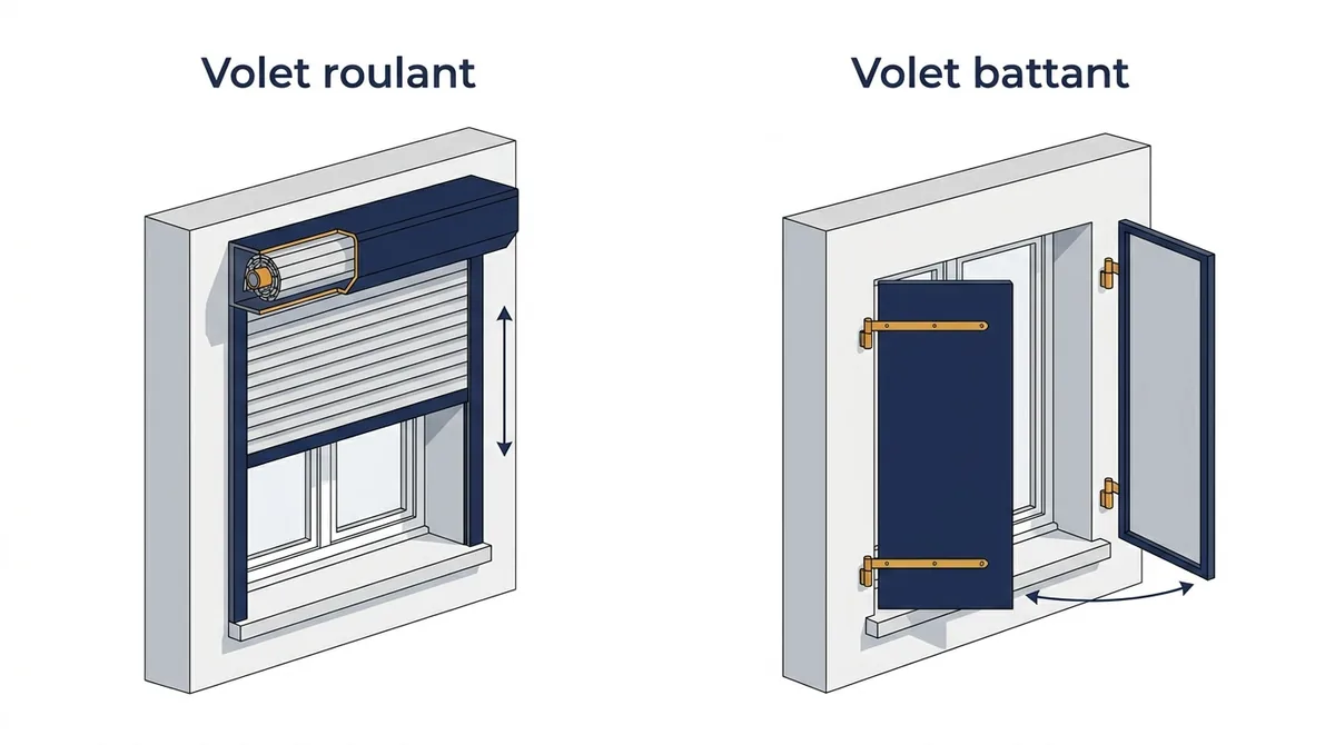 Comparaison du volet roulant et du volet battant : enroulement du tablier et rotation des panneaux.