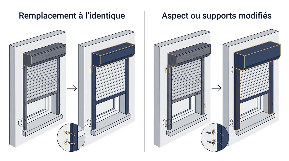 Comparaison d’un volet roulant en copropriété remplacé à l’identique ou avec modification de façade.
