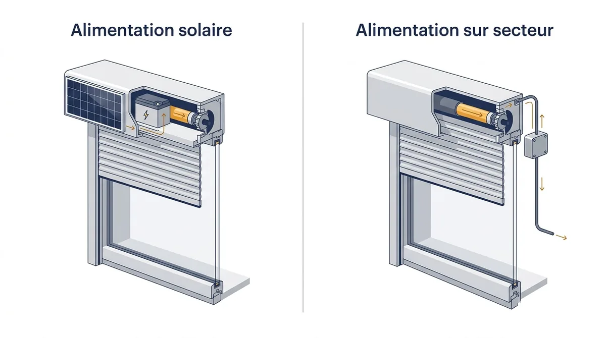 Comparatif du volet roulant solaire et du volet sur secteur selon l’alimentation disponible.
