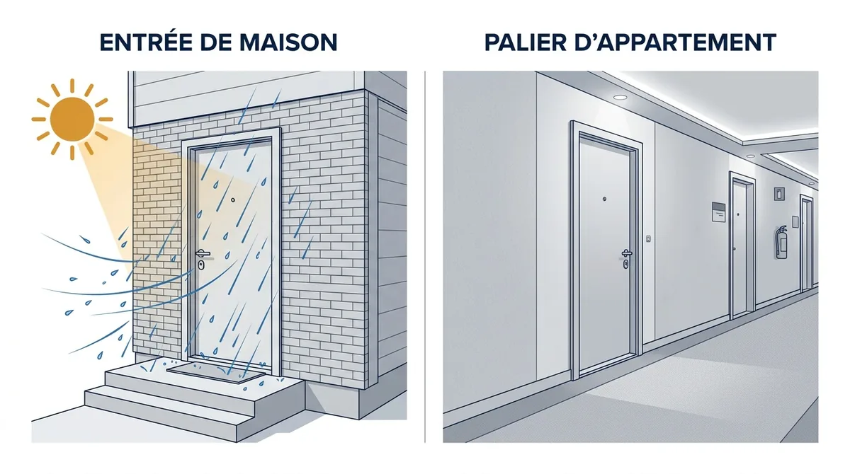 Comparatif d’une porte blindée exposée en maison et abritée sur un palier d’appartement.