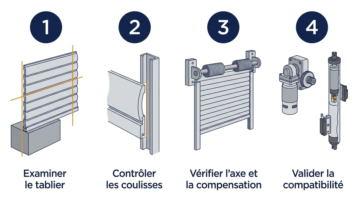 Contrôles avant motorisation de rideau métallique : tablier, coulisses, axe et compensation.