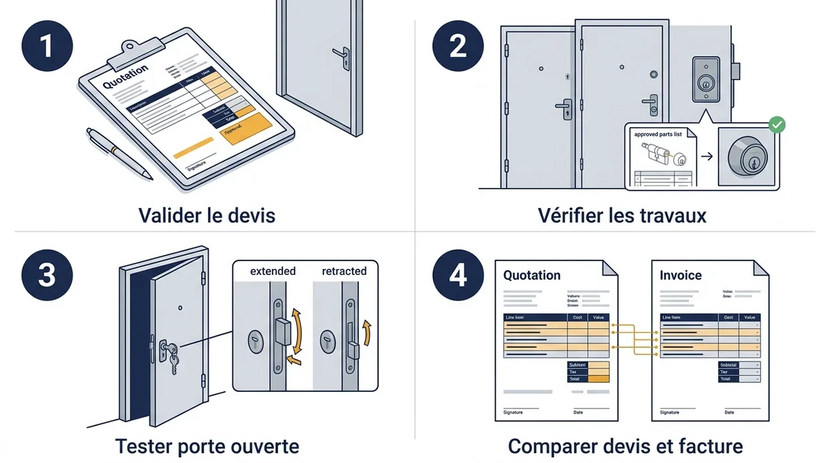 Contrôles avec un serrurier en urgence : devis, travaux, essai de la porte blindée et facture.