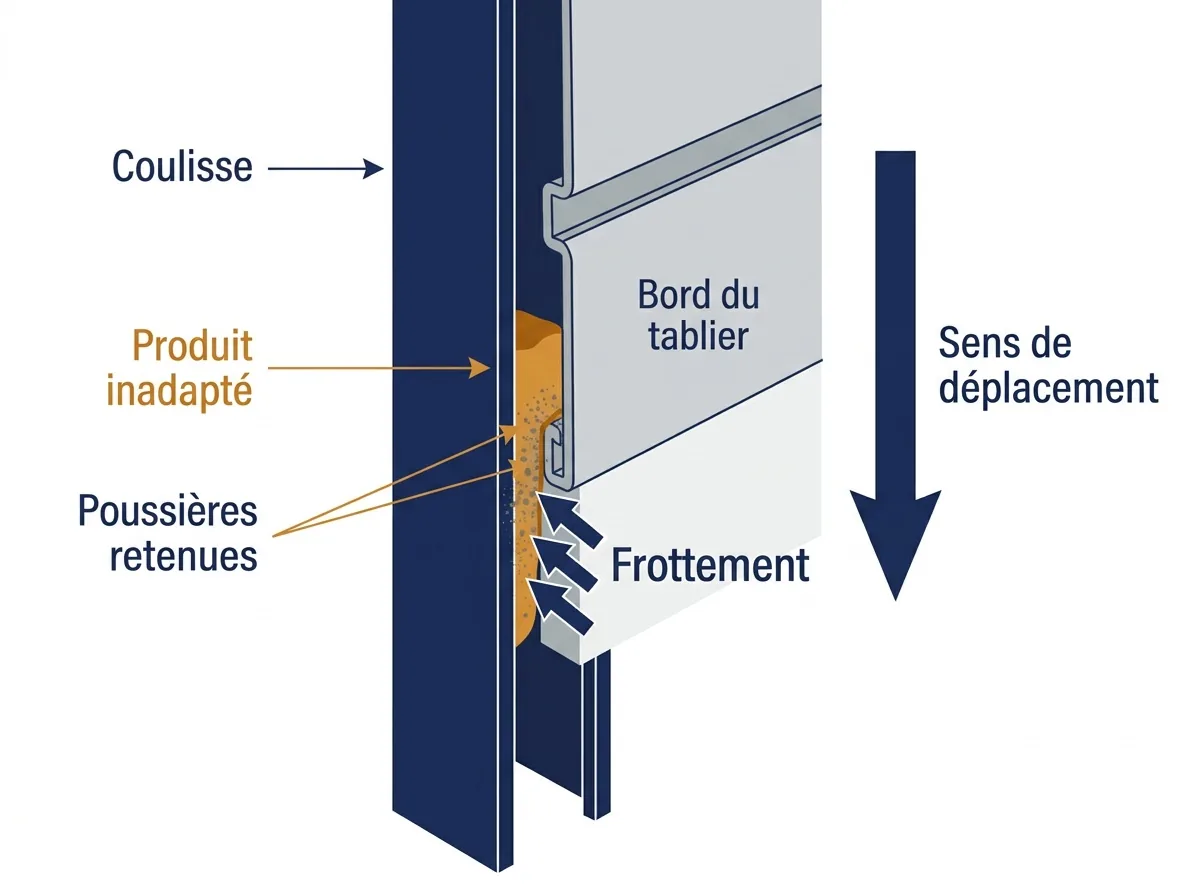 Coulisse à Eaubonne : poussières retenues par un produit inadapté et frottement du tablier