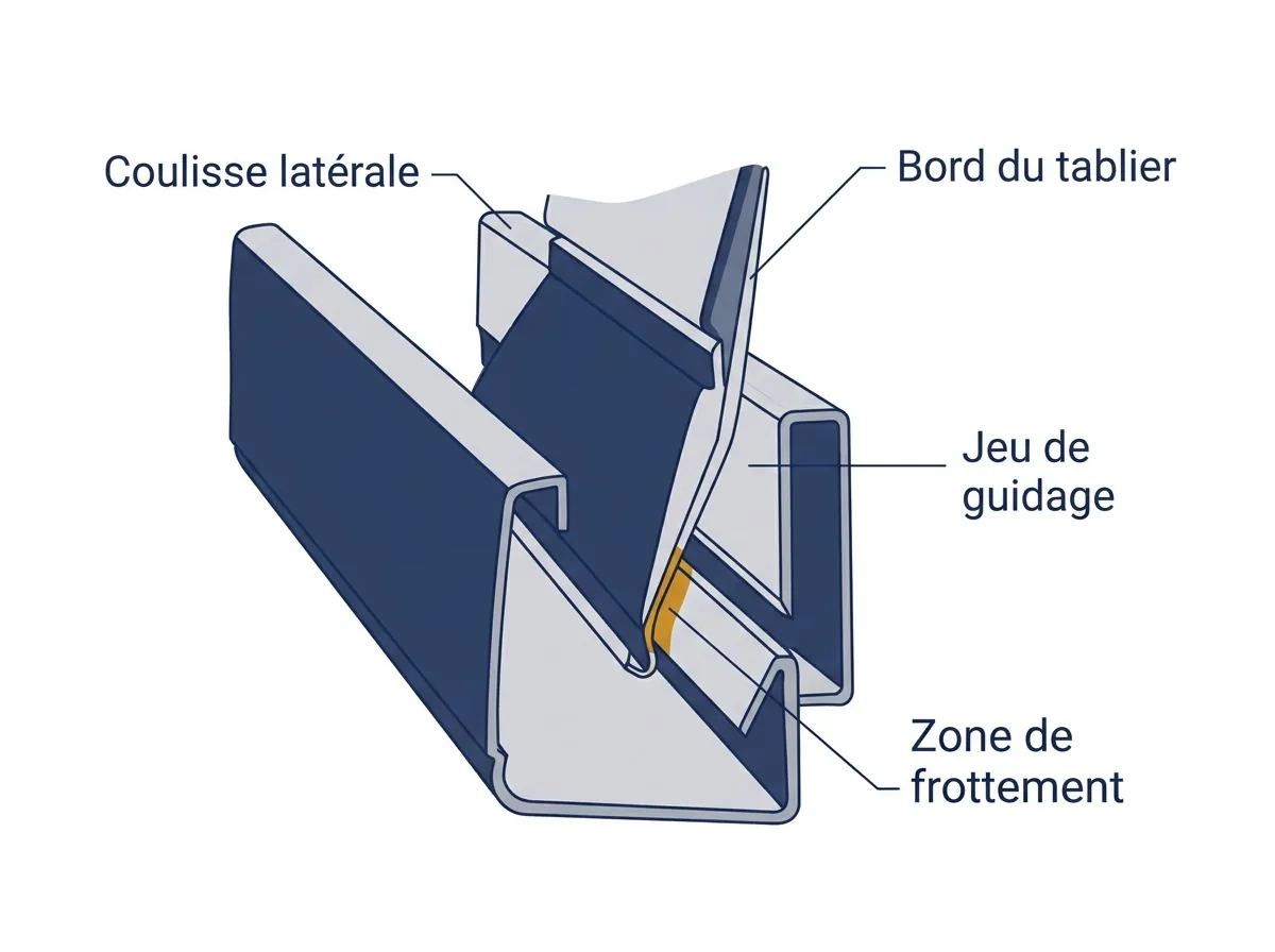 Coulisse à Enghien-les-Bains : coupe du guidage et du contact avec le tablier