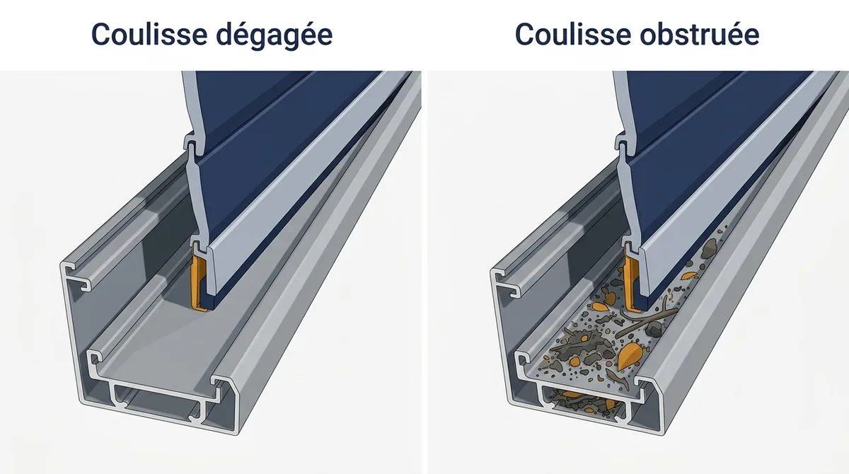 Coulisse à Villeneuve-le-Roi : comparaison entre un rail dégagé et un rail obstrué